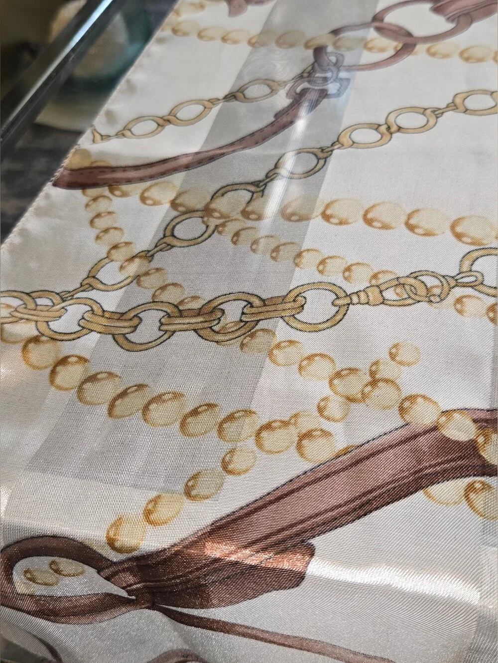 Vintage Equestrian Chain Print Long Scarf Belt Pearl Motif Sheer Shadow Stripe